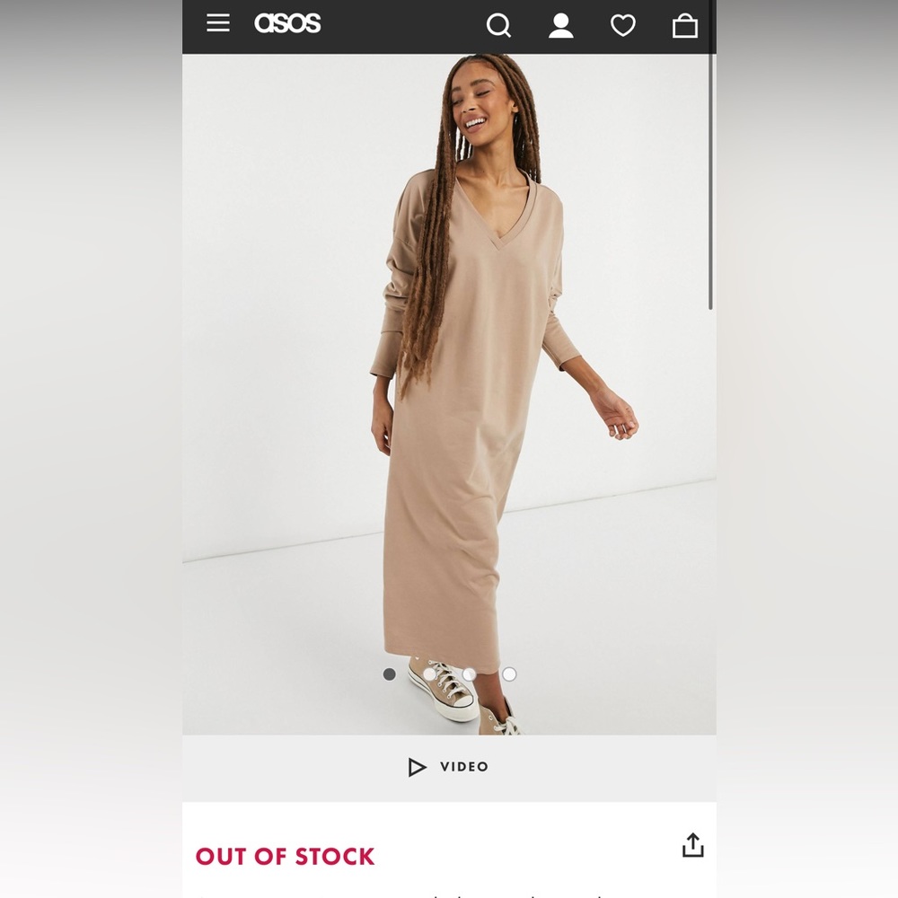 ASOS DESIGN sweat midi dress with v neck in camel